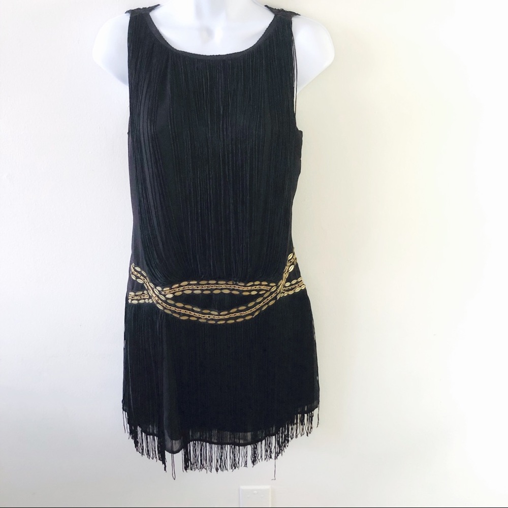 Filtre black & gold fringed dress, size XS